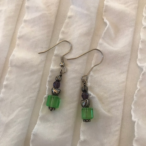 Jewelry - Handmade Green Purple Beaded Dangle Earrings Jewelry - Handmade Green Purple Beaded Dangle Earrings